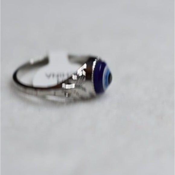 Blue Evil Eye Silver Tone Thin Engraved Metal Band Sizes 8, 10 & 11 Goth Ring - Picture 3 of 3